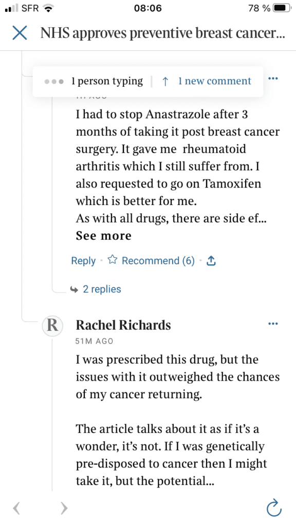 Reader comments from The Times regarding a new breast cancer prevention drug Anastrazole