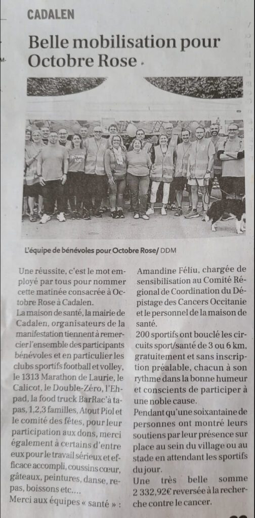 Newspaper article on Octobre Rose in Cadalen France